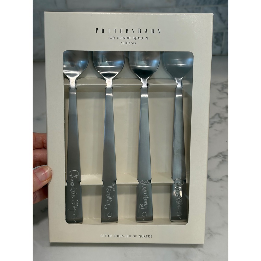 Pottery Barn Stainless Steel Engraved Ice Cream Spoons Set of 4 NEW